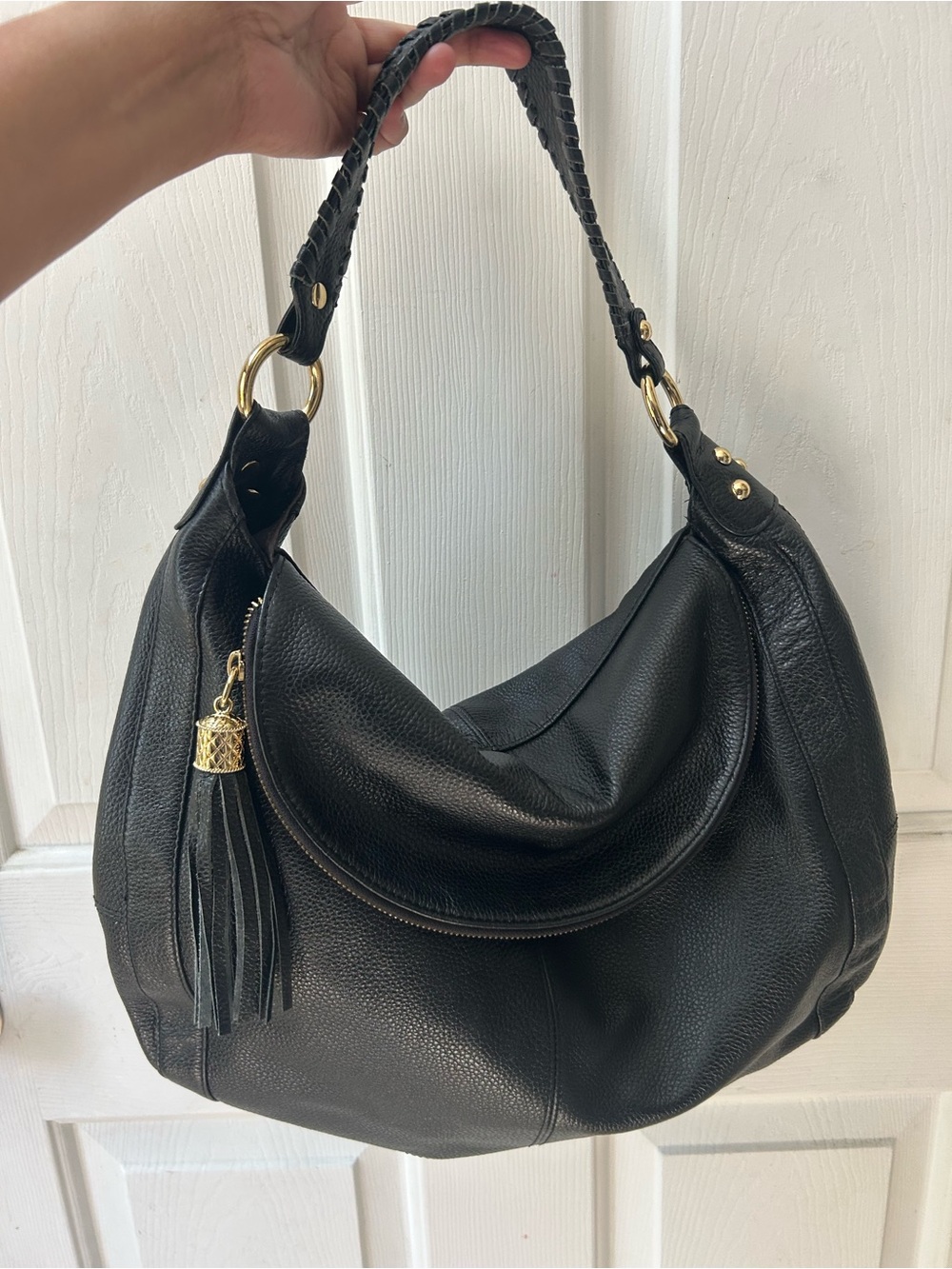 Onna Ehrlich Black Leather Hobo with Braided Strap and Tassel